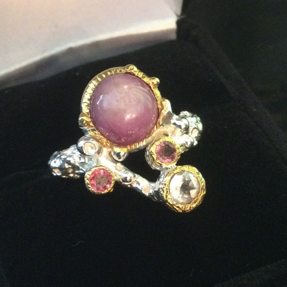 ⭐️Rare,  Star Ruby Cabochon, Pink Topaz & Aquamarine Ring⭐️ - Picture 7 of 14